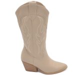 Stivali donna camperos texani stile western beige chiaro con cucitura in rilievo tinta unita altezza polpaccio donna stivali Malu Shoes | MaluShoes