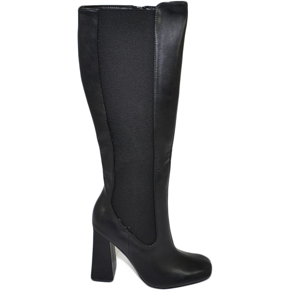 stivale-487qan.jpg Stivale alto donna punta quadrata nero liscio gambale aderente con elastico al ginocchio tacco largo 10 cm moda con zip donna stivali Malu Shoes | MaluShoes - immagine 1