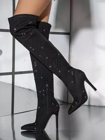 stivali-alti-donna-288vzz.webp Stivali sopra il ginocchio Stivali alti alla coscia da donna neri Pelle scamosciata Strass Tacco a spillo Milanoo.com - immagine 1