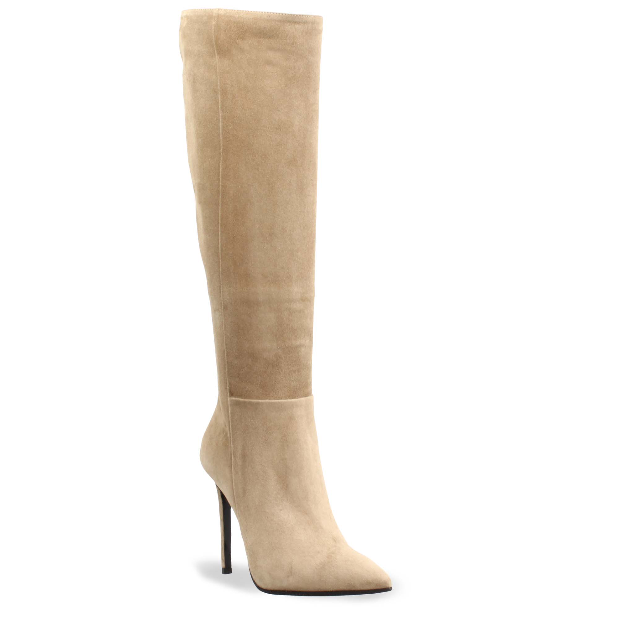 stivali-beige-108sjw.jpg Stivali al ginocchio a punta con tacco a spillo da donna in camoscio beige Beige / 35 - immagine 1
