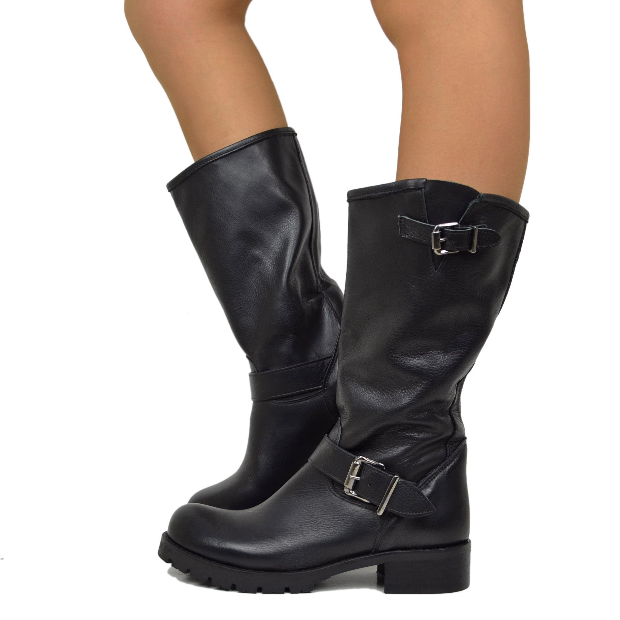 stivali-biker-donna-026qje.jpg Stivali Donna Police Neri Biker Boots in Vera Pelle Made in Italy - immagine 1