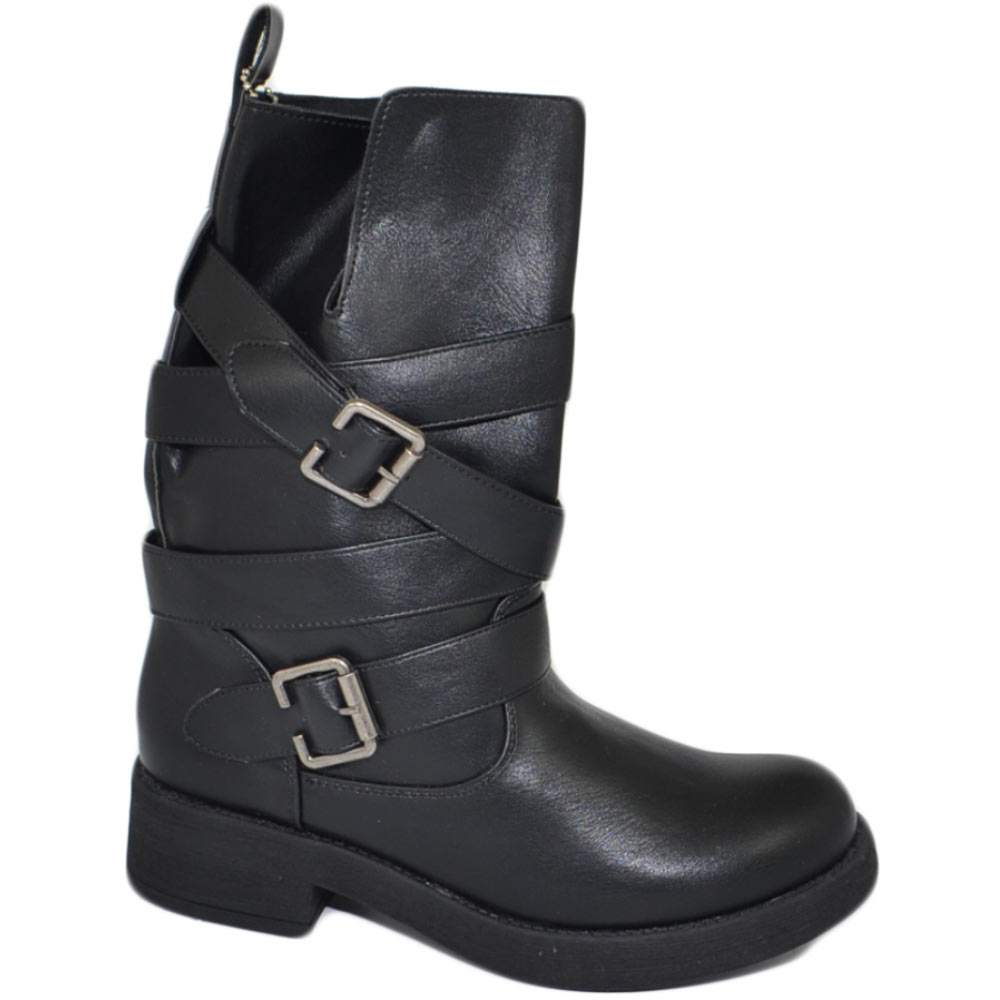 stivali-biker-donna-401uyd.jpg Stivali biker donna nero con fibbie linea basic moto riders con zip fondo alto gomma comfort crepe altezza gambaletto donna stivaletti Malu Shoes | ... - immagine 1