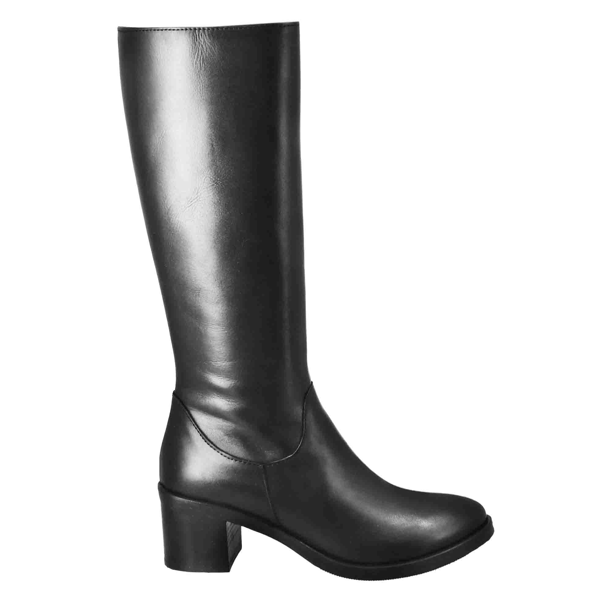 stivali-da-donna-645ont.jpg Stivali al ginocchio da donna liscio con tacco medio in pelle nero Nero / 35 - immagine 1