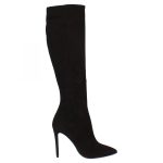 Stivali al ginocchio con tacco a spillo da donna fatti a mano in pelle di camoscio nero con cerniera Nero / 35