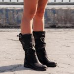 Stivali Estivi Traforati Arricciati Biker Boots Pelle Nabuk Nero Donna