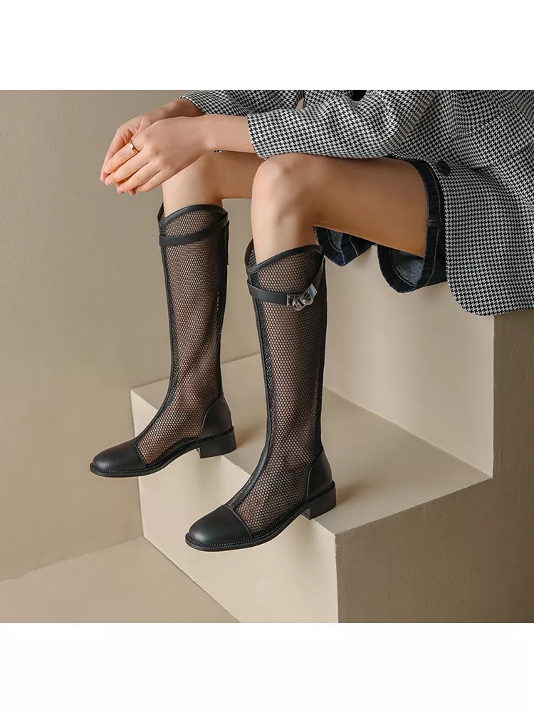 stivali-estivi-donna-384vma.webp stivali estivi donna tacco basso rete perforato nero pelle sintetica 40606 - immagine 1