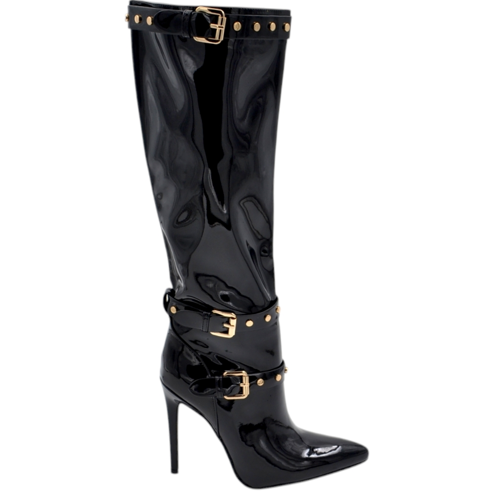 stivali-per-donna-052icg.jpg Stivali donna alti lucidi neri in vernice al ginocchio con zip e tacco a spillo 12 cm vinile con cinturini e fibbie donna stivali Malu Shoes | ... - immagine 1