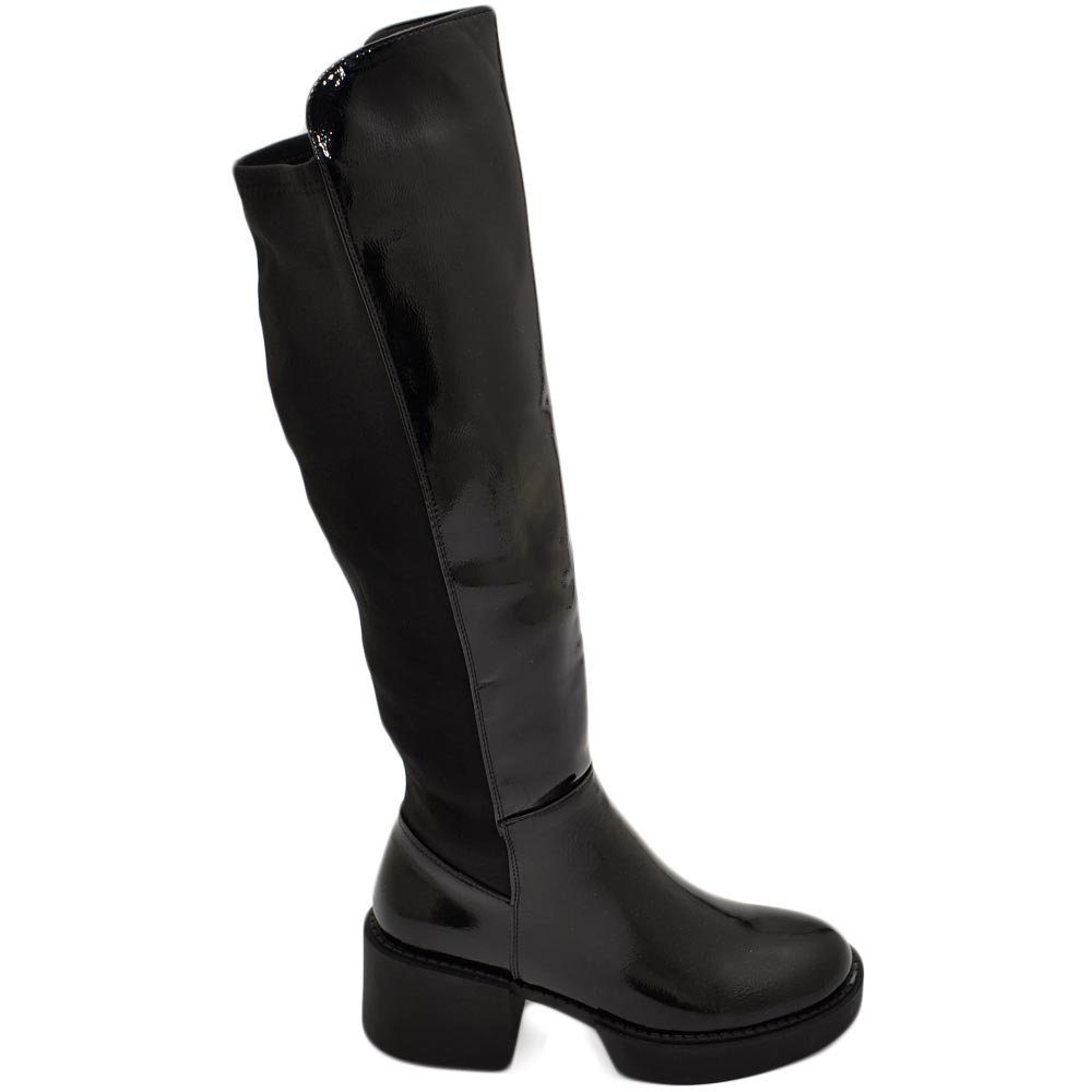 stivali-per-donna-566whn.jpg Stivali donna alto punta tonda nero lucido gambale aderente elasticizzato alto sopra al ginocchio tacco 4 plateau curvy donna stivali Malu Shoes | ... - immagine 1
