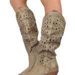 Stivali Texani Estivi Marroni in Pelle Traforata Taupe Made in italy
