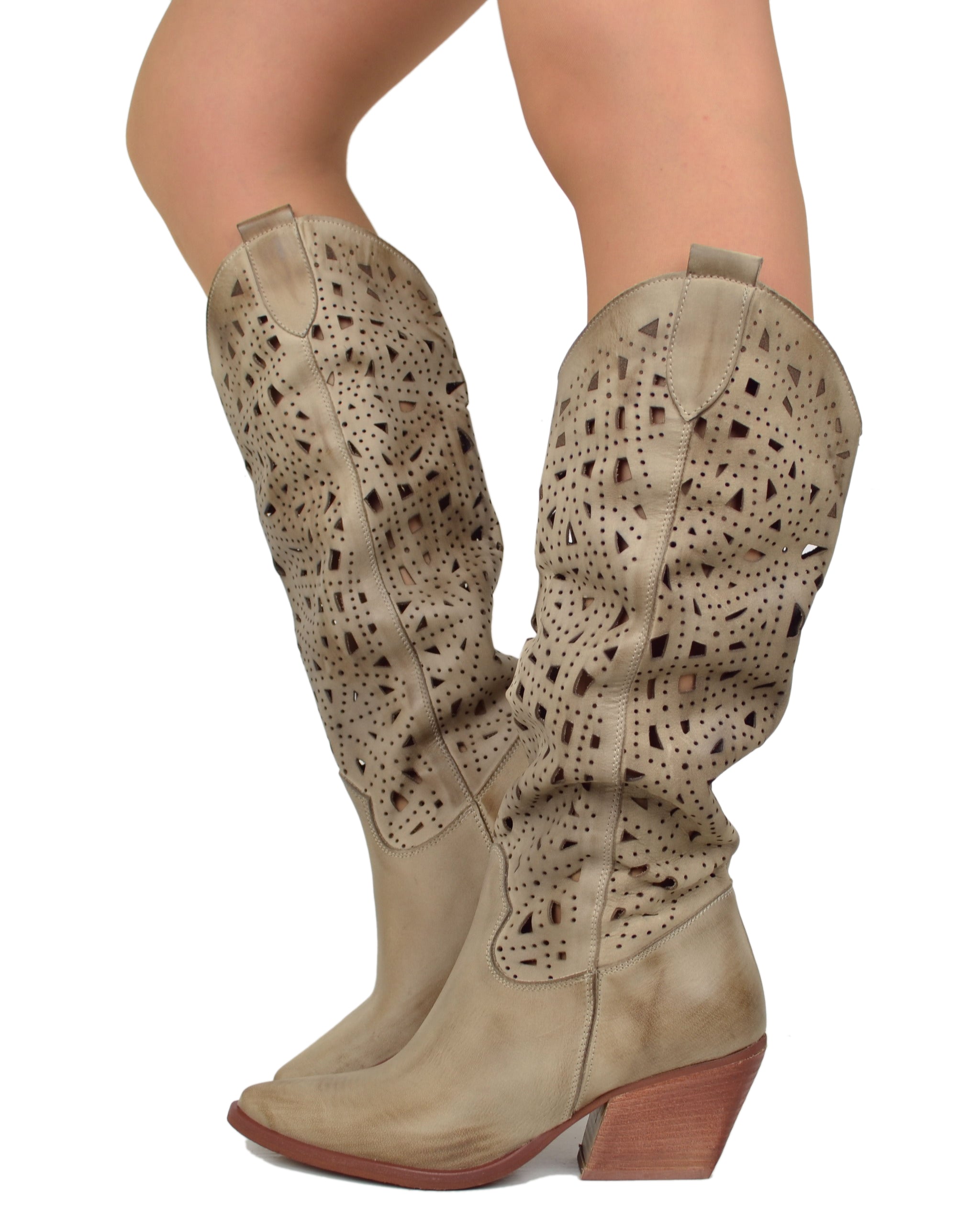 texani-estivi-649qxg.jpg Stivali Texani Estivi Marroni in Pelle Traforata Taupe Made in italy - immagine 1