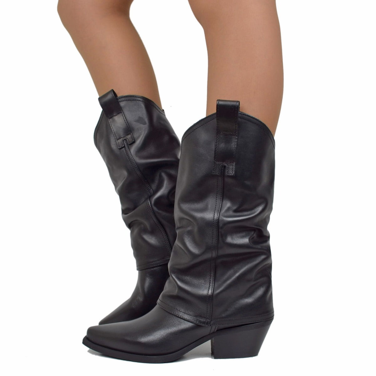 texani-neri-192nfx.jpg Stivali Texani Donna con Ghetta in Pelle Neri Made in Italy - immagine 1
